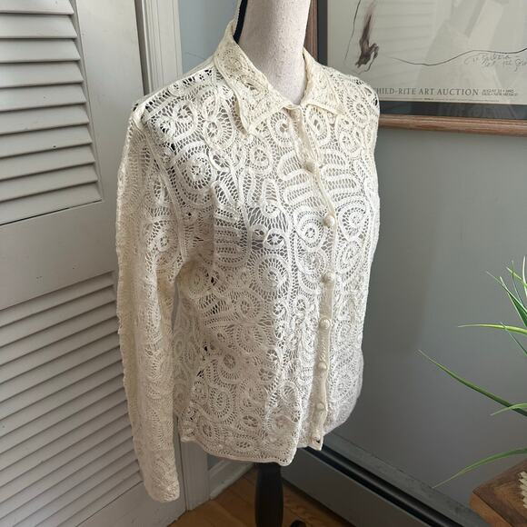 GERARD DAREL Sweater Womens 4 Cream Open Knit Crochet Merino Wool Dainty Cottage - Picture 4 of 10